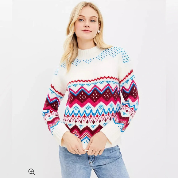 Loft Fair Isle Ski Wide Sleeve Mock Neck Sweater Multi Color  Christmas Holiday - Picture 1 of 11